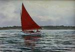Red Sail Cat Boat Oil Painting